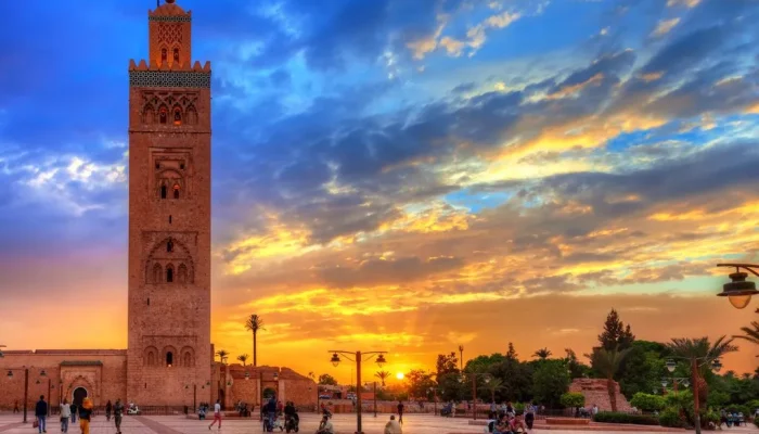 Catch your first Moroccan sunset from the Koutoubia Mosque in Marrakesh