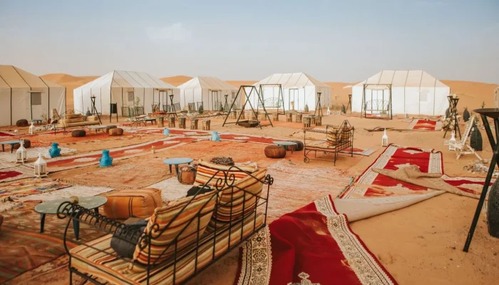 A luxury tented camp set up in the deserts of Morocco, not far from Todra Gorge