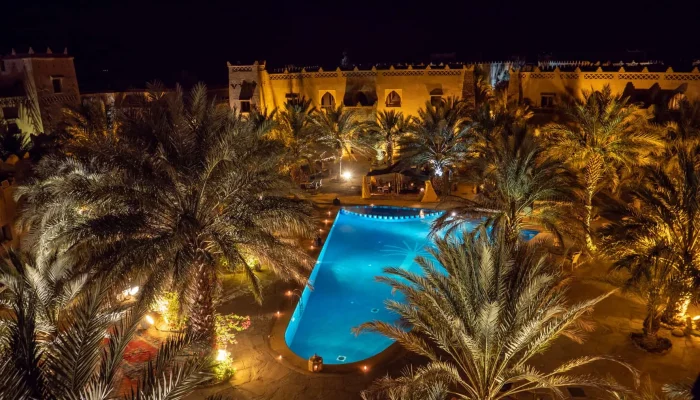 a pool with palm trees and buildings at night