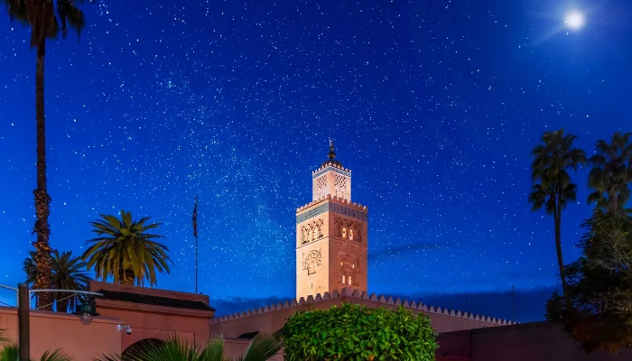 a building with a tower and palm trees